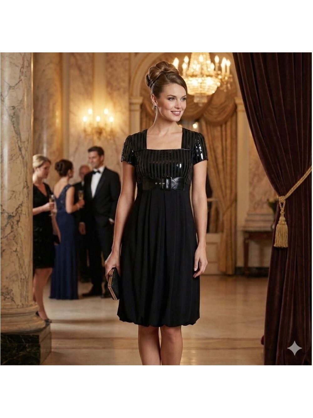 JOSEPH RIBKOFF Bubble Hem Empire Cut Square Neck Dress Black Patent Trim Sz 14